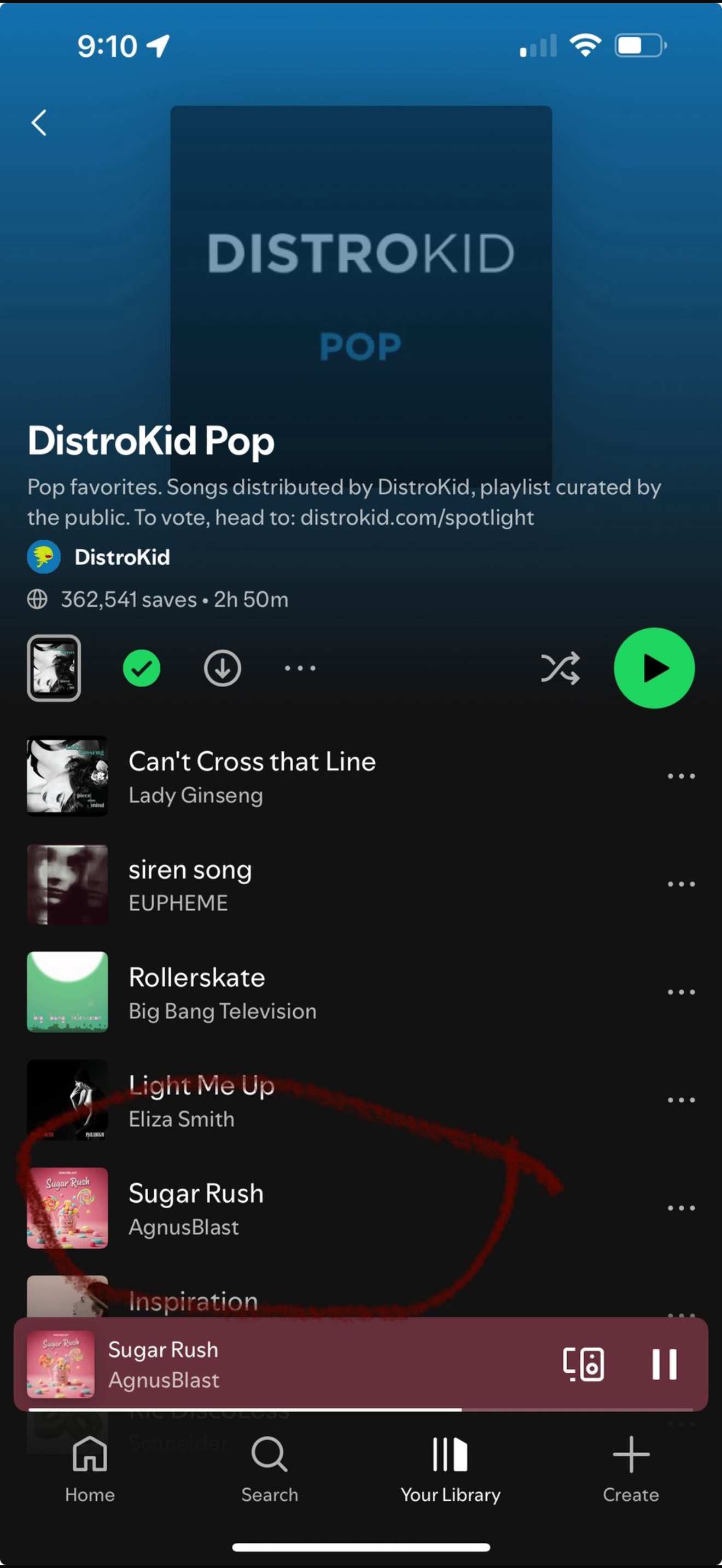 Sugar Rush featured in the DistroKid Pop playlist on Spotify — 362K+ saves