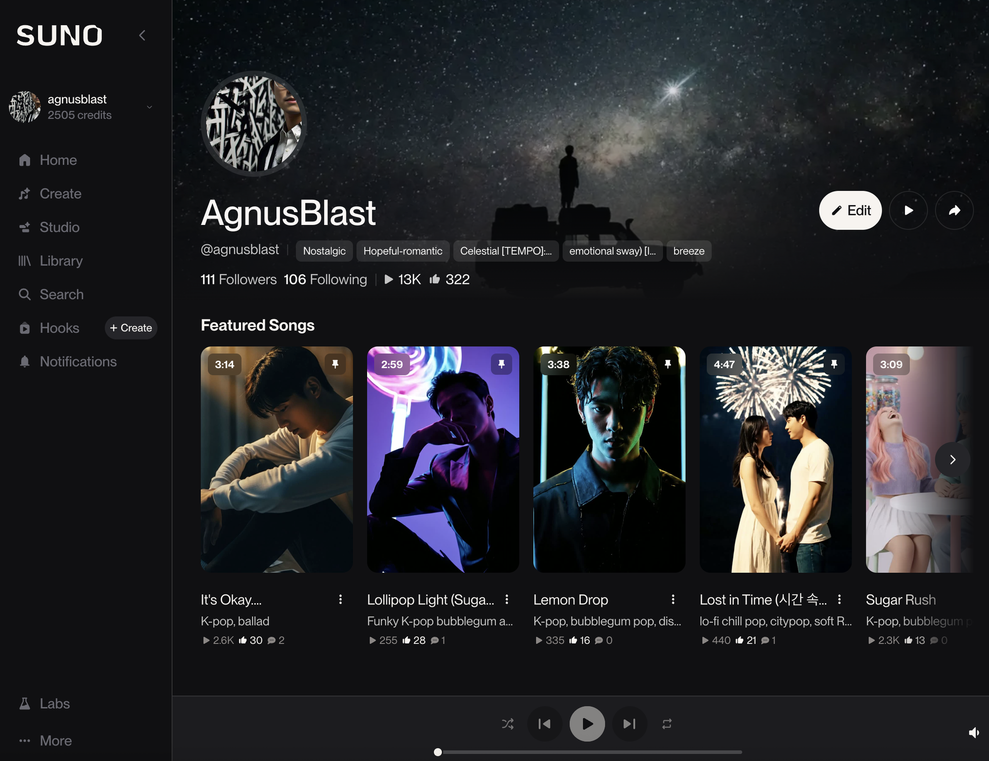 AgnusBlast Suno profile — 111 followers, 13K plays, featuring K-pop, citypop, and lo-fi tracks