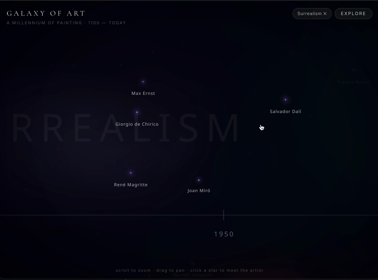 The timeline as a zoomable starfield — periods are nebulae, artists are stars