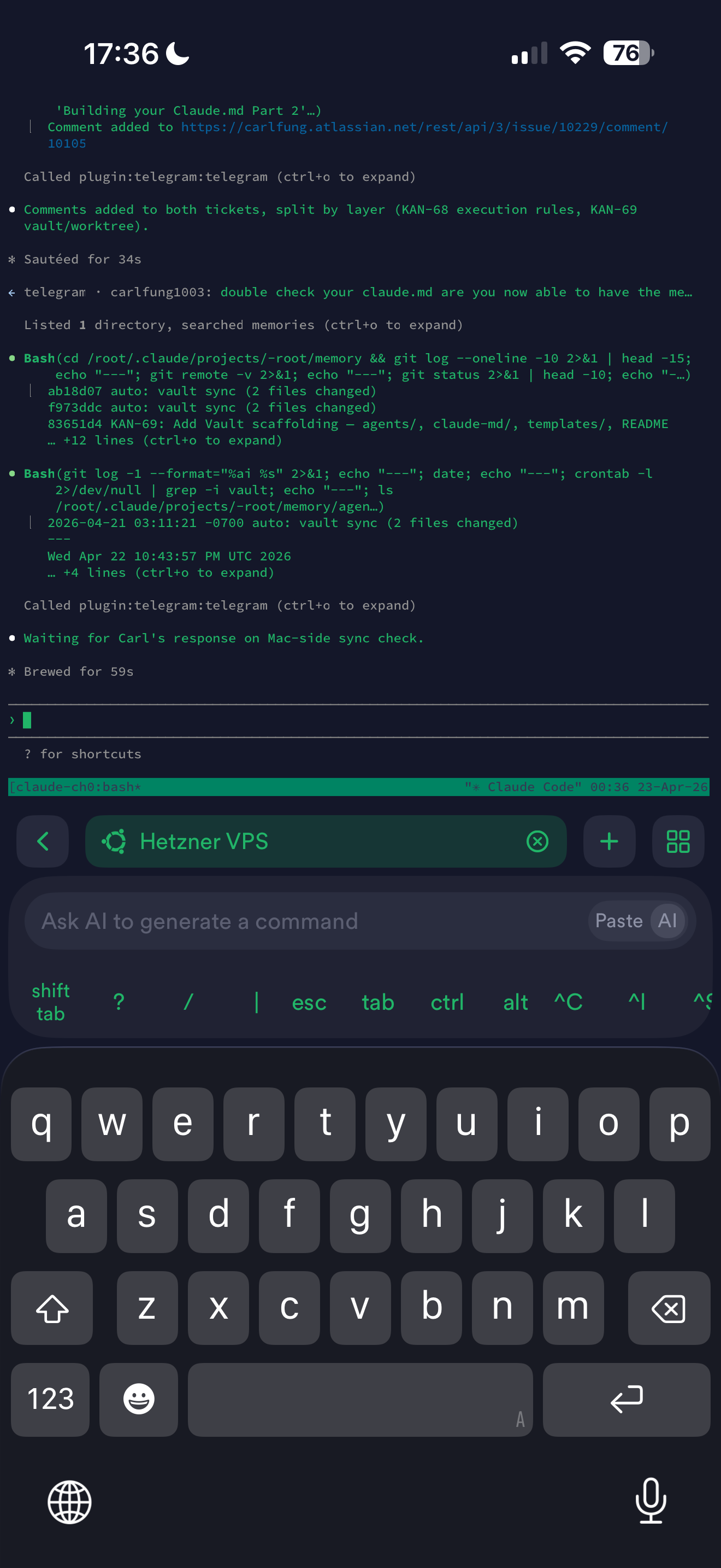 Termius on iPhone, SSH'd into the Hetzner VPS with a Claude Code tmux session running
