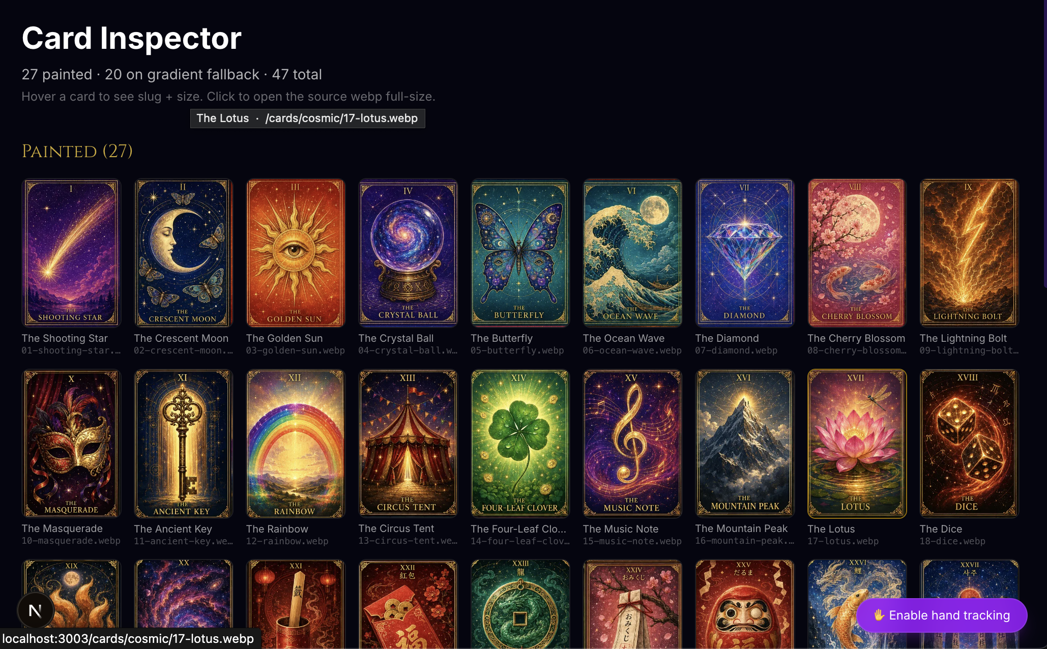 The /cards inspector — 27 painted cards from three Image 2.0 sheets, plus 22 still on gradient fallback
