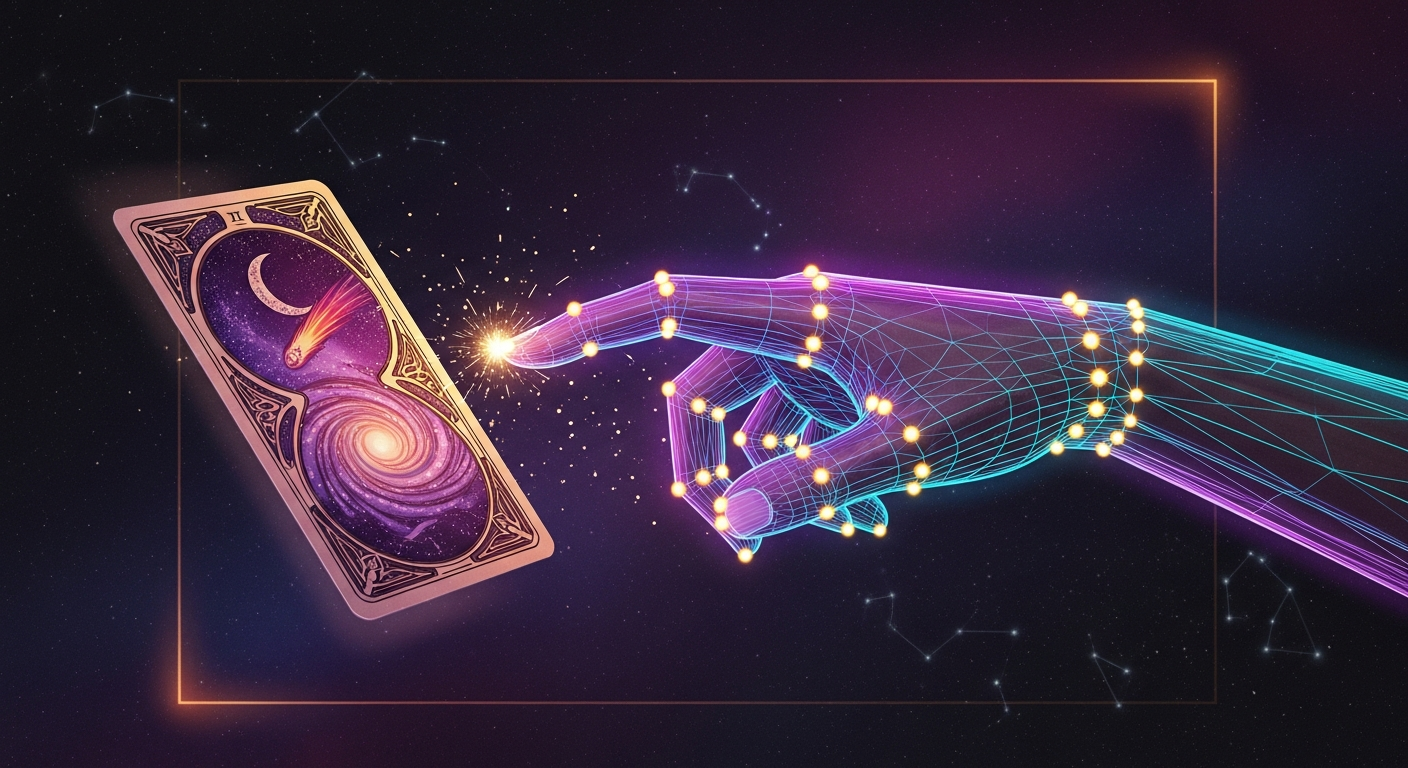 A hand pinching a floating tarot card, half painted, half MediaPipe wireframe — generated with Imagen 4 Ultra