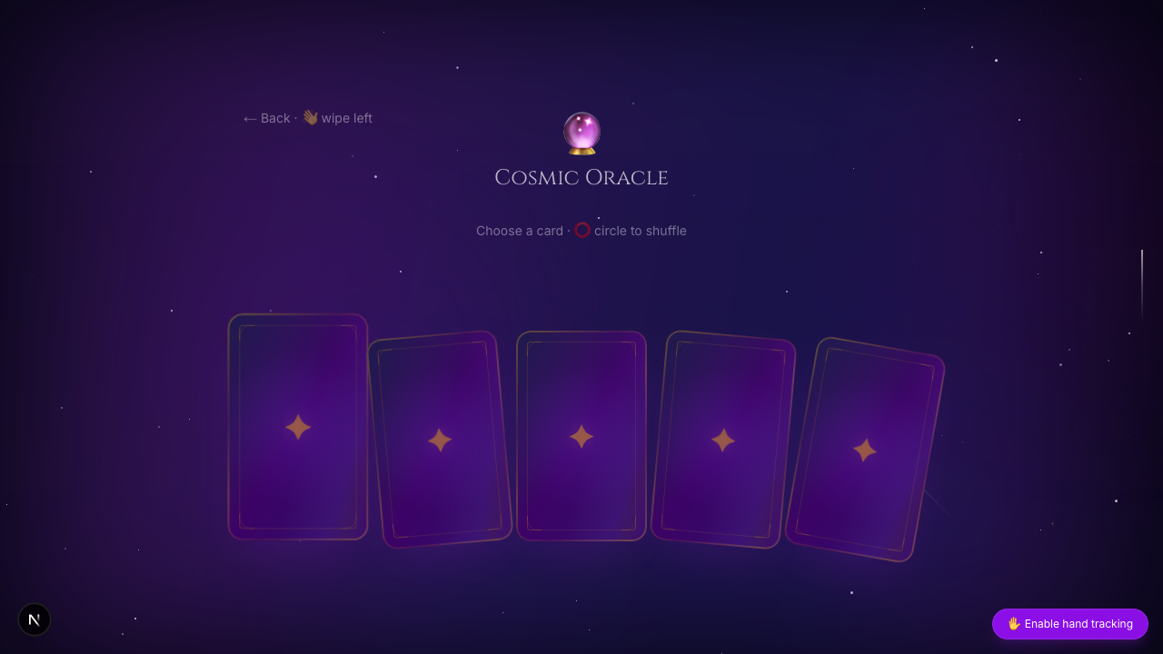The five-card Cosmic Oracle spread, face-down — pinch one to flip it
