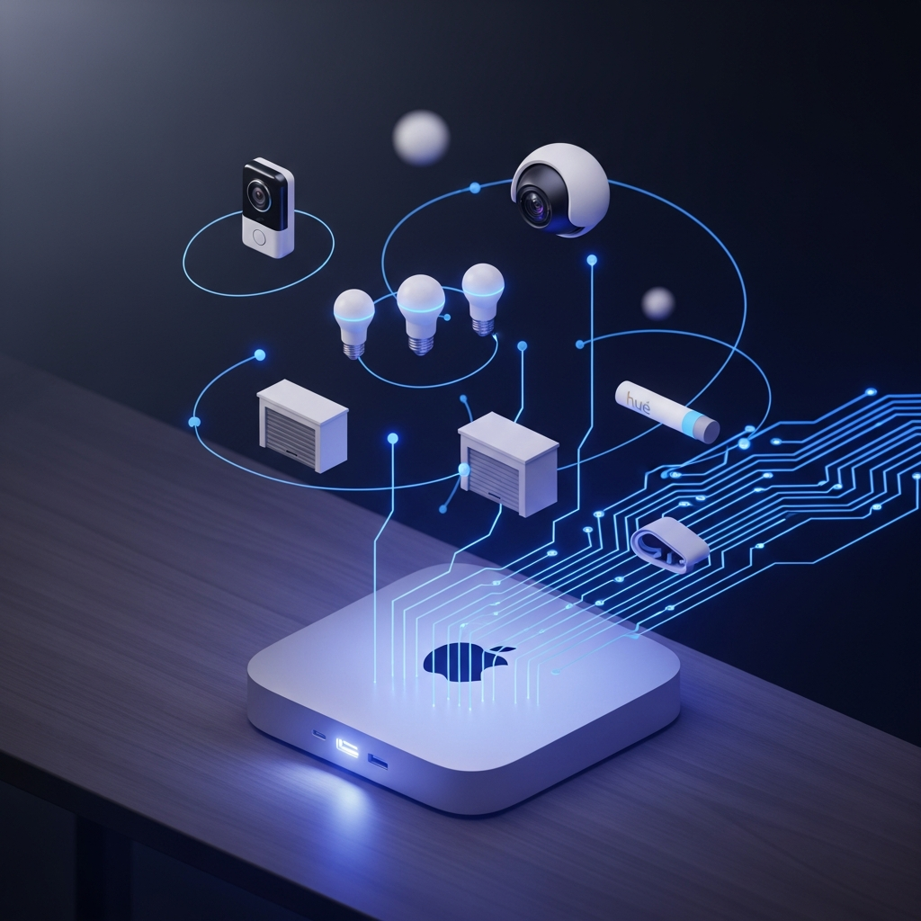 Isometric Mac mini glowing with indigo light, circuit traces flowing out to floating smart home device icons