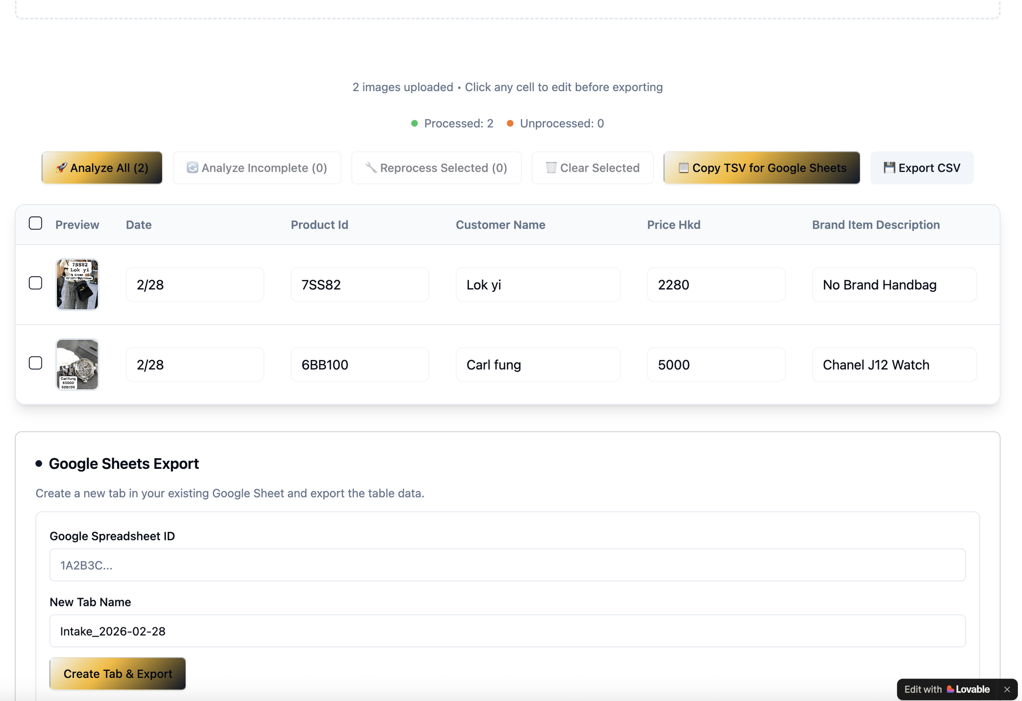 Analysis results showing extracted product data with Google Sheets export