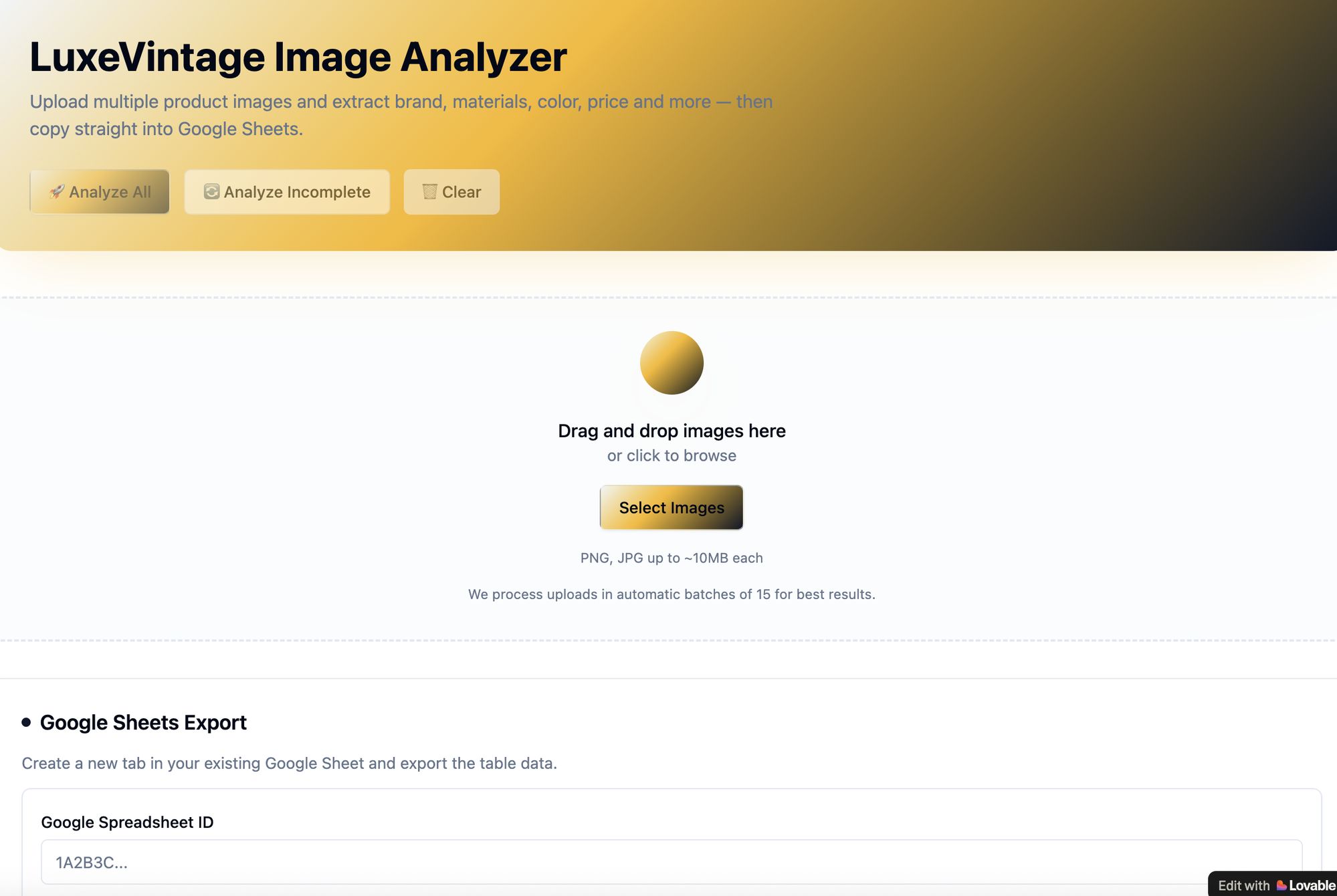 LuxeVintage Image Analyzer — web app for batch luxury goods identification