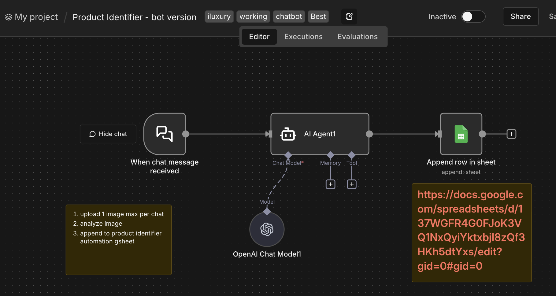 n8n Product Identifier Bot — chat-triggered AI agent that analyzes luxury goods photos