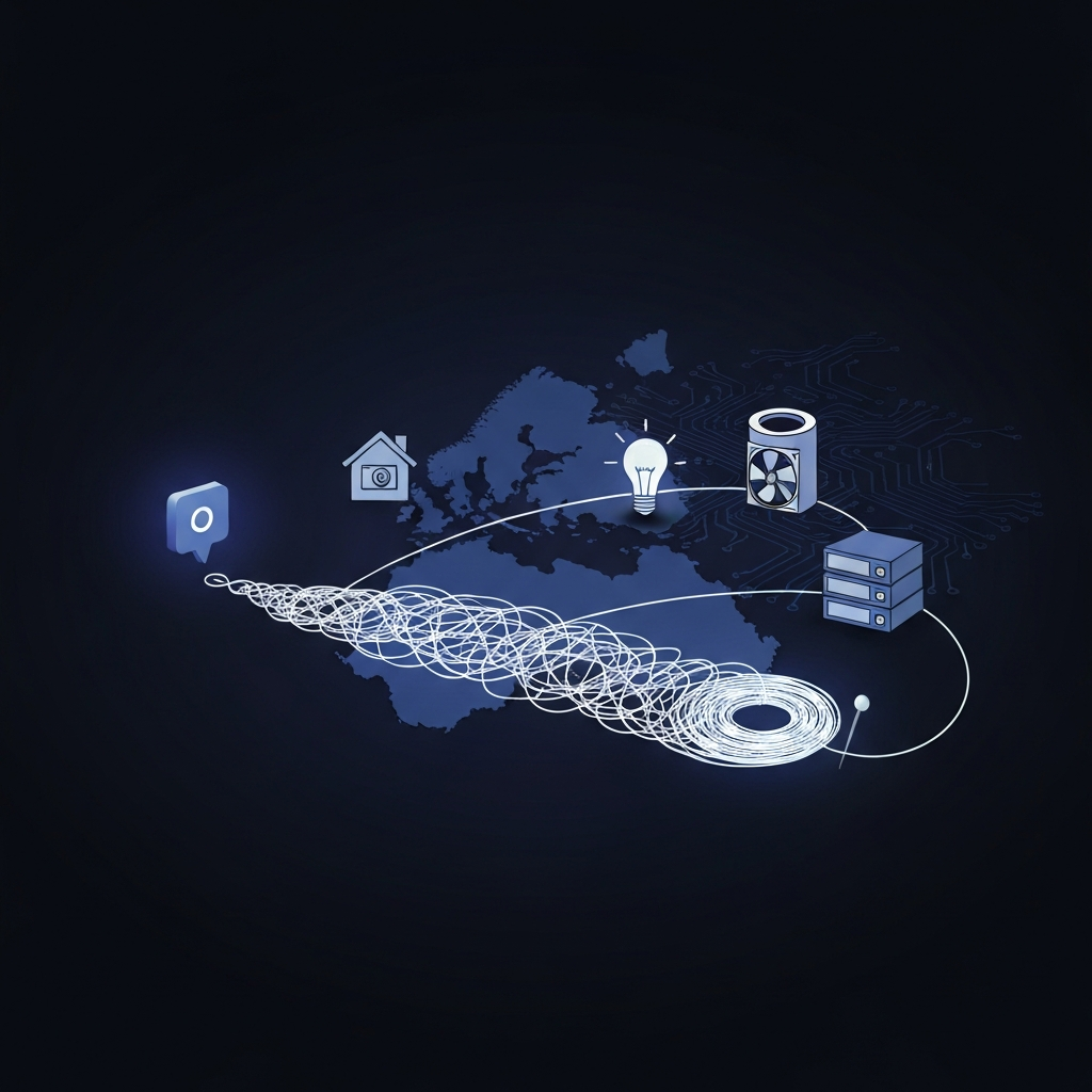 A glowing chat notification unraveling into a tangled thread across a night map, ending neatly coiled