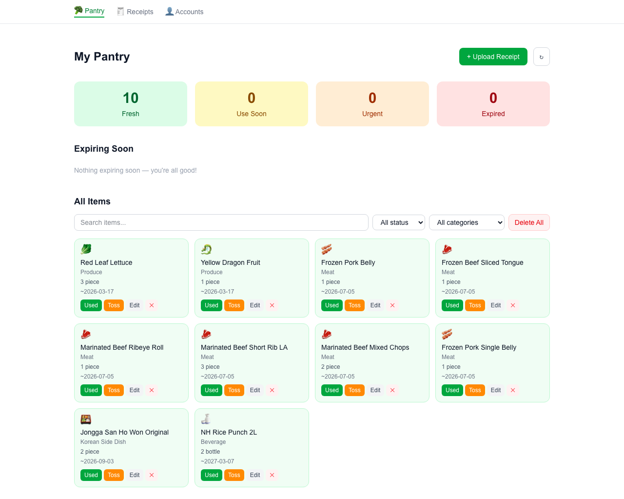 Pantry App — real inventory items parsed from HMart receipt