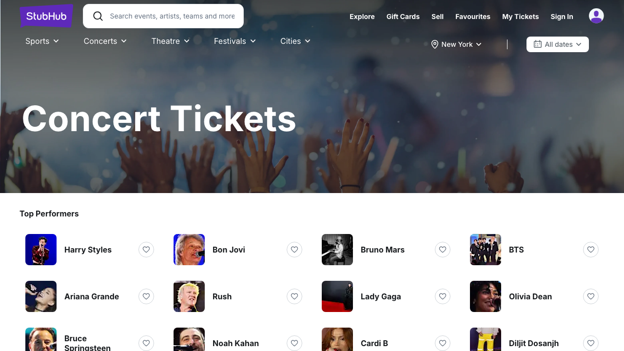 StubHub concert ticket listings