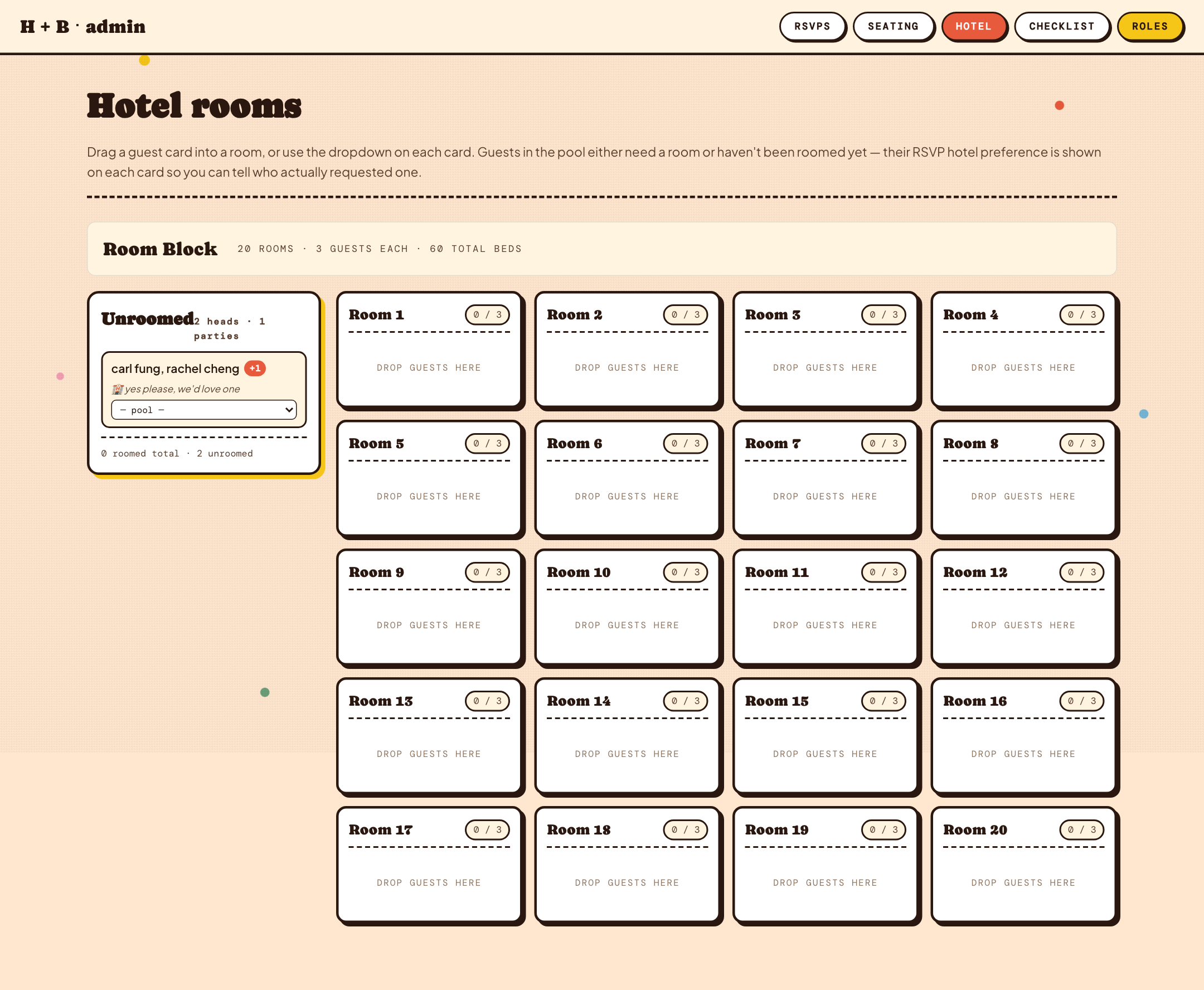 Admin hotel — 20 rooms in a 5-column grid with drag-and-drop guest cards
