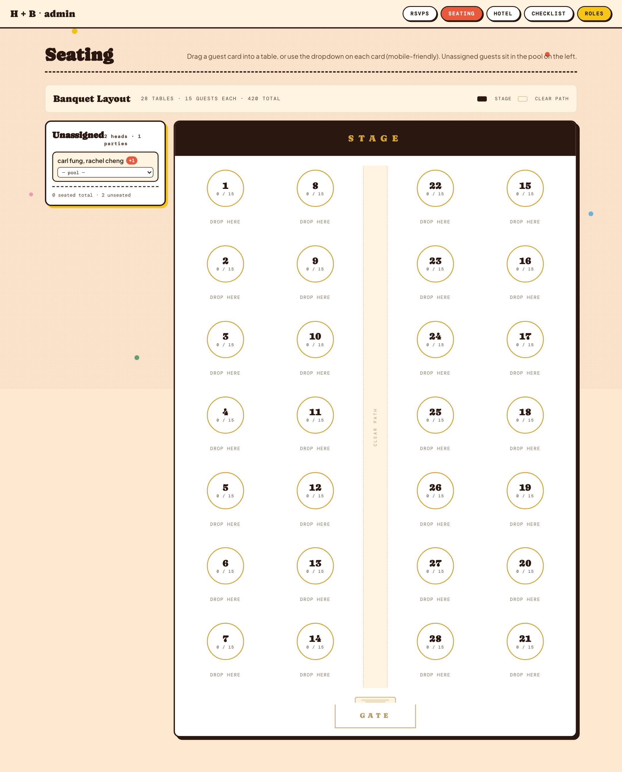 Admin seating — spatial banquet layout with 4 columns of tables split by a central aisle, stage at top, gate at bottom