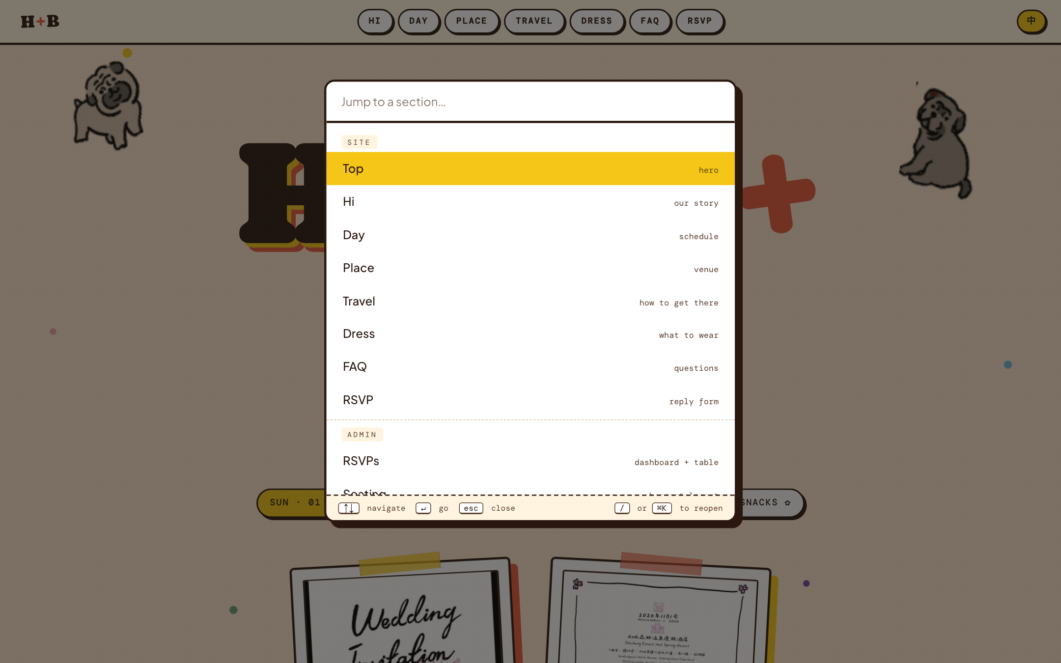 Command palette — searchable list with SITE and ADMIN groups divided by a dashed line