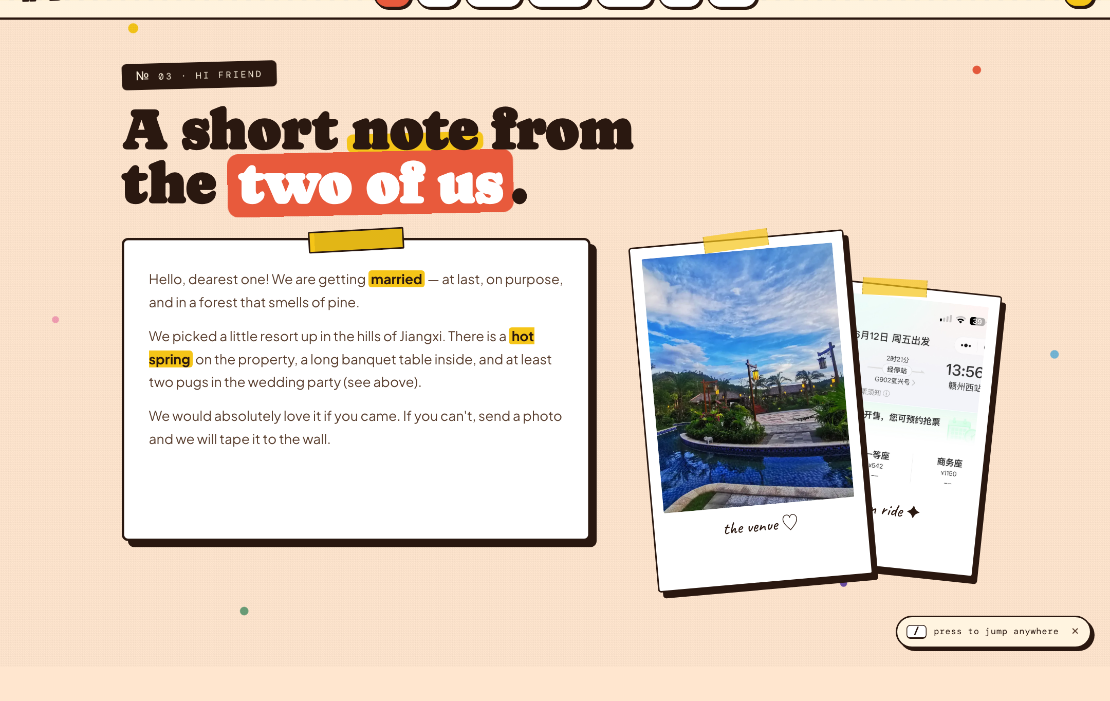 Story section — a love note next to a polaroid stack of the venue, a high-speed train, and a pug