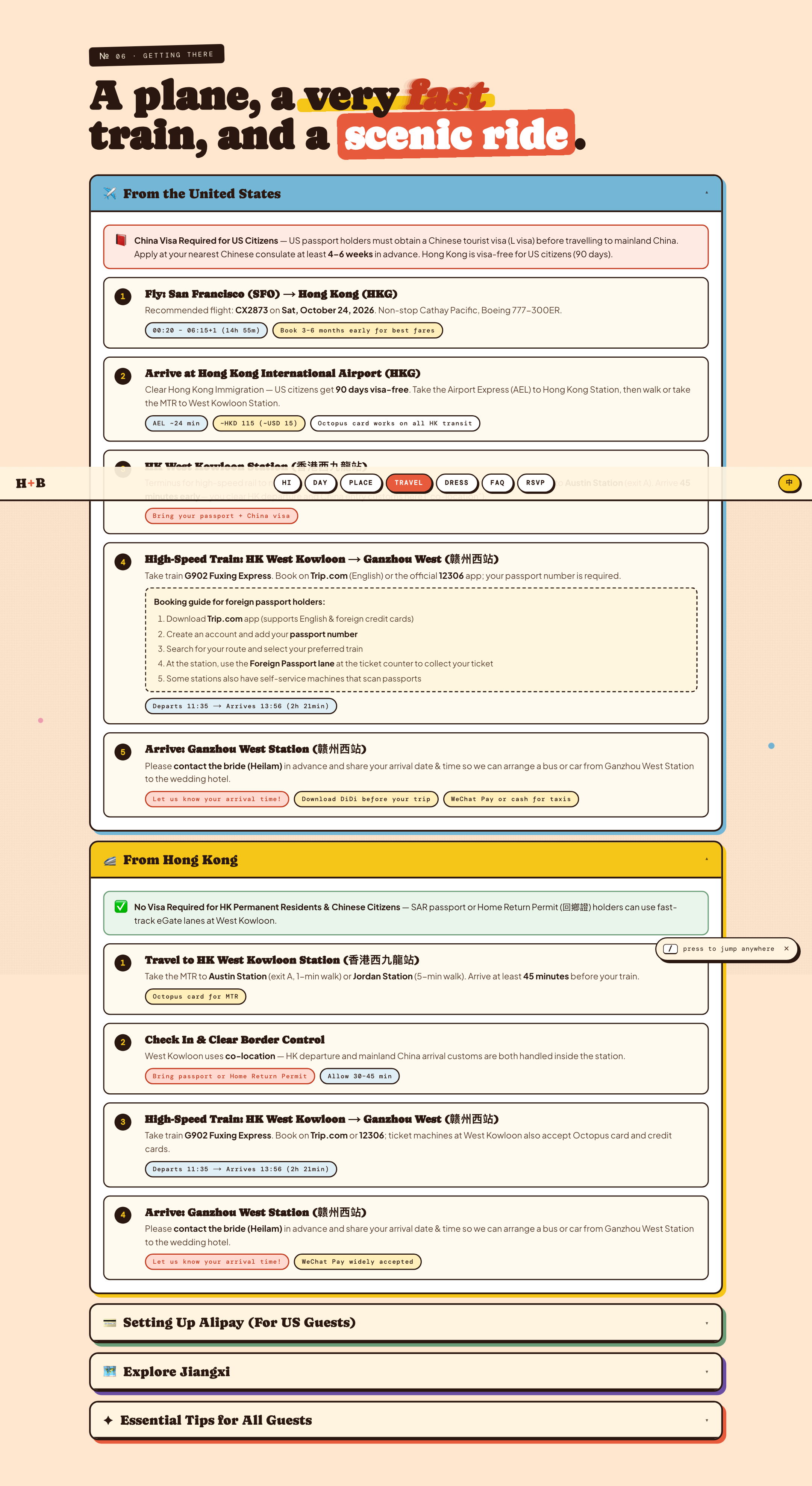 Travel section — expandable guides for US, HK, Alipay setup, and Jiangxi destinations
