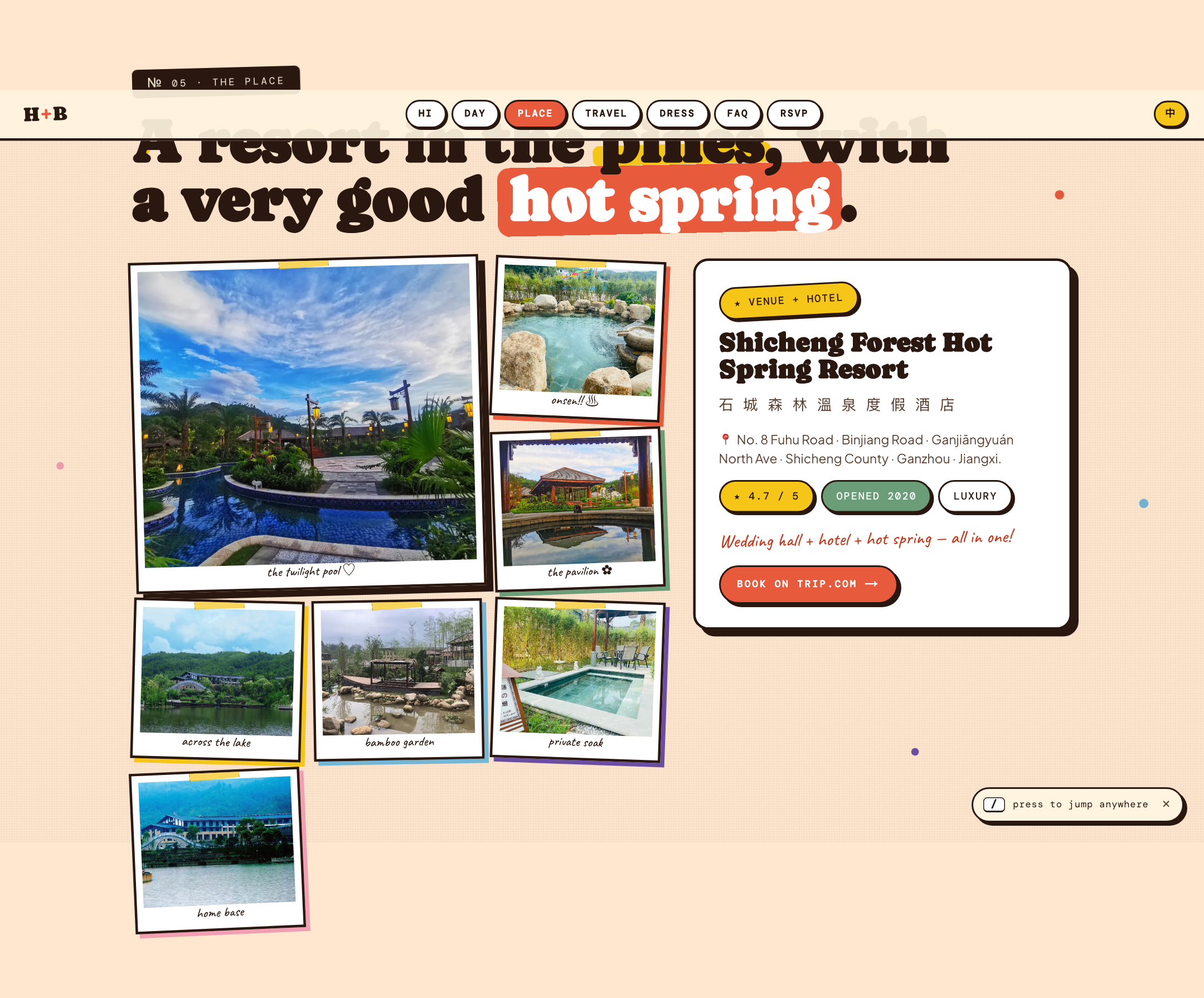 Venue section — collage of venue photos with steam puffs rising off the highlighted "hot spring" phrase