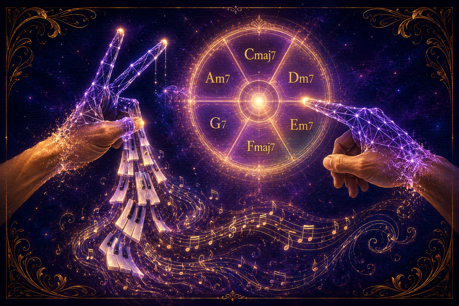 Two hands floating in cosmic space — left makes a peace sign with piano keys cascading from the fingertips, right points at a glowing chord wheel showing Cmaj7 · Dm7 · Em7 · Fmaj7 · G7 · Am7. Hands transition from painted skin to MediaPipe wireframe at the fingers. Painted with ChatGPT Image 2.0.