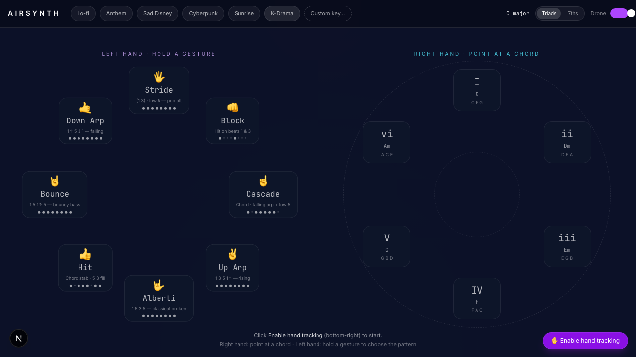 AirSynth — radial chord reel on the right, gesture pattern reel on the left