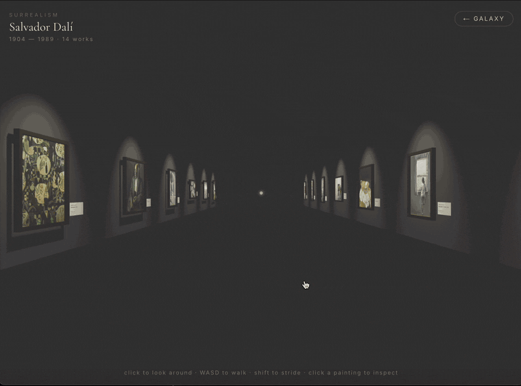 Walking through Salvador Dali's gallery — click a painting to inspect it