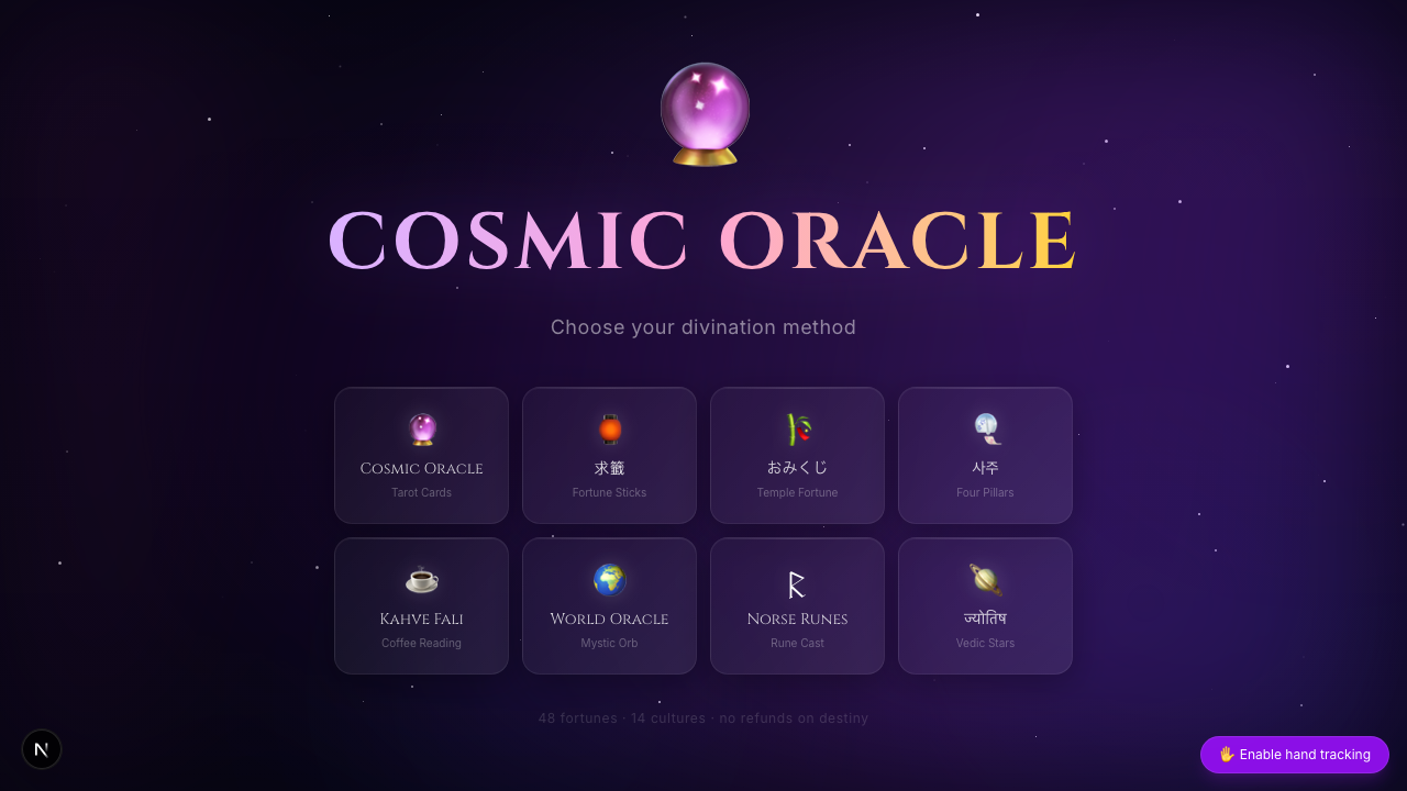 The Cosmic Oracle landing page — eight divination traditions, click-or-pinch to enter