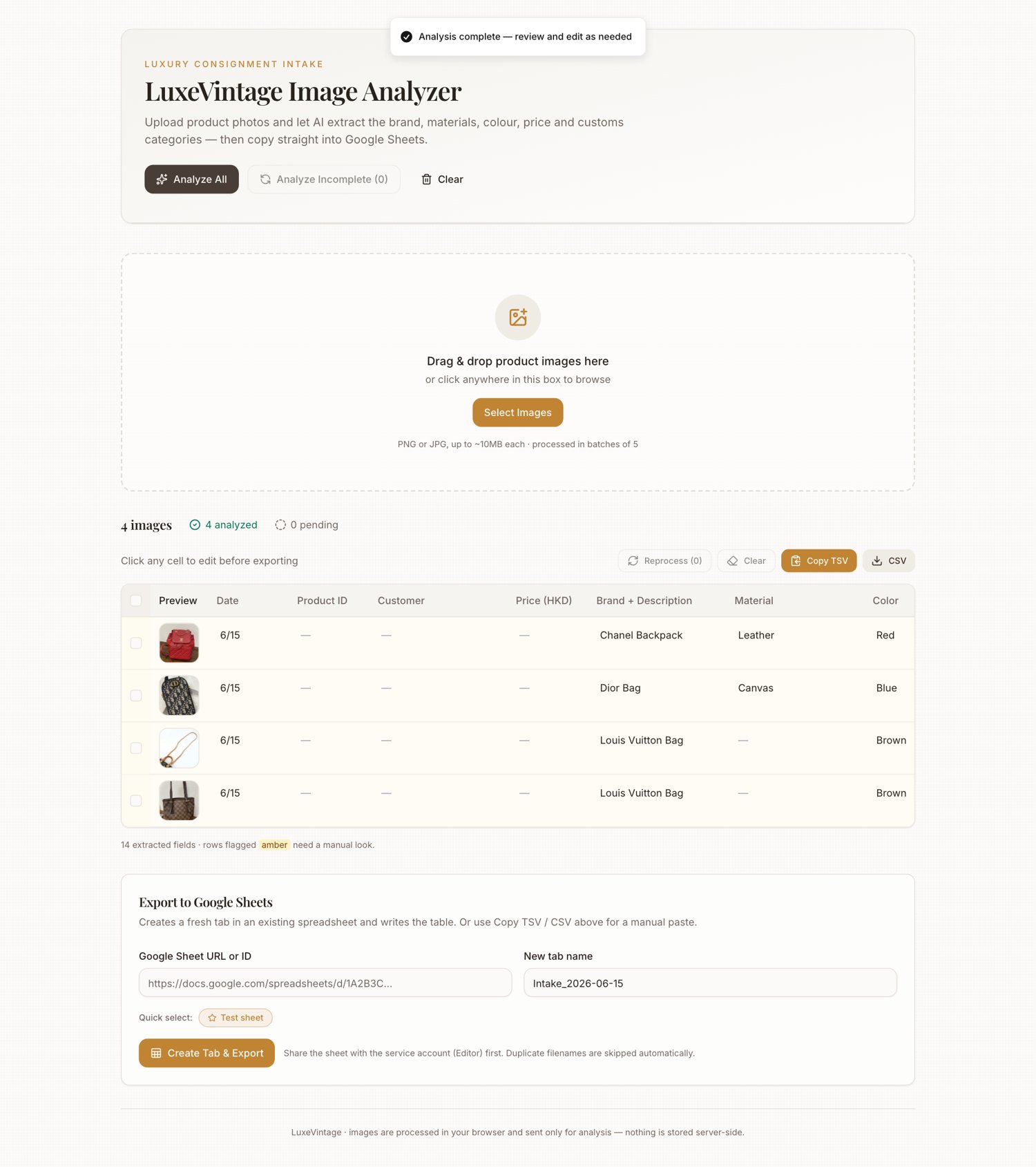 LuxeVintage Image Analyzer — AI vision extracting product attributes into an editable, exportable table