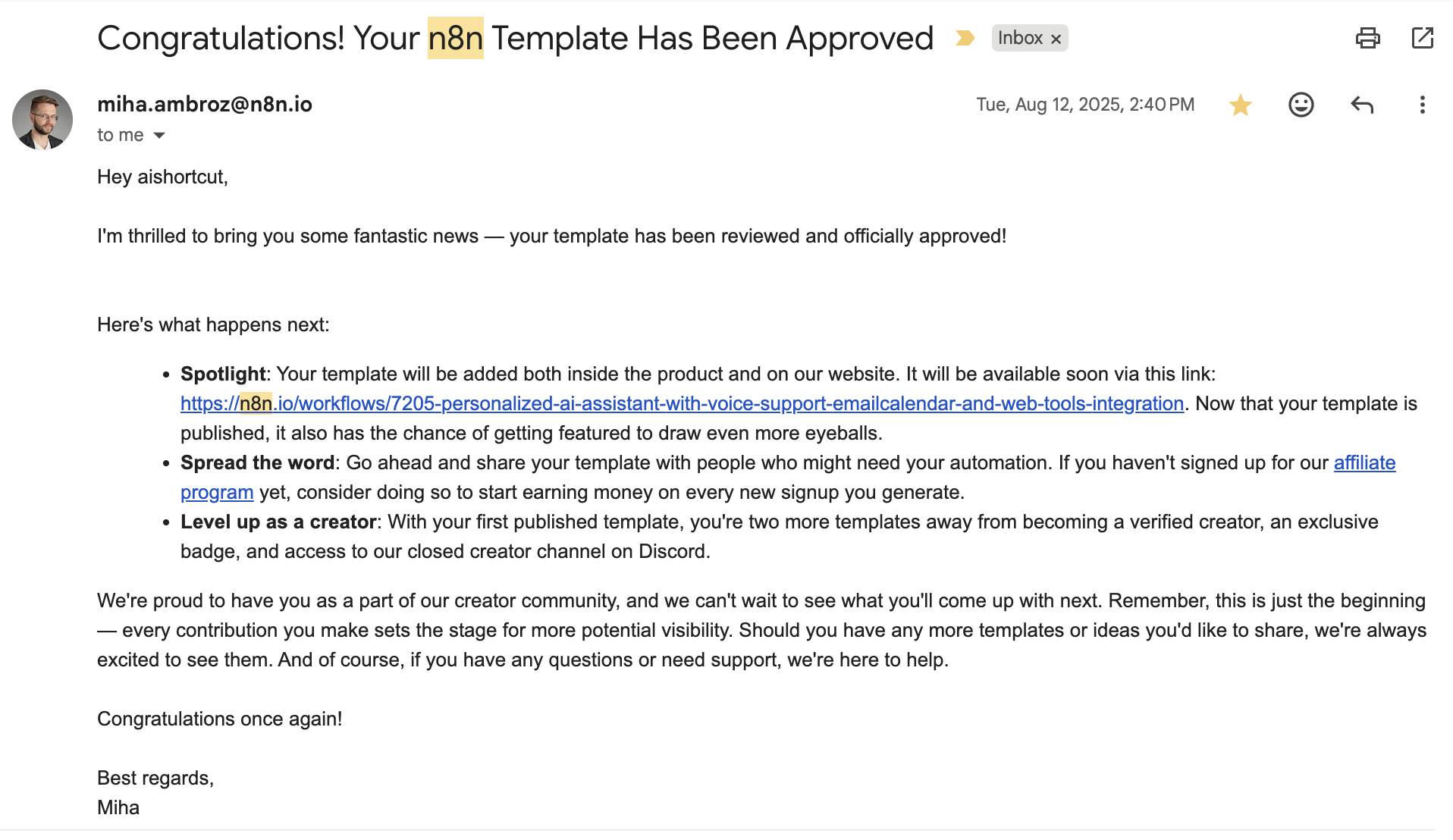 Approval email from n8n team — template officially accepted into the community library
